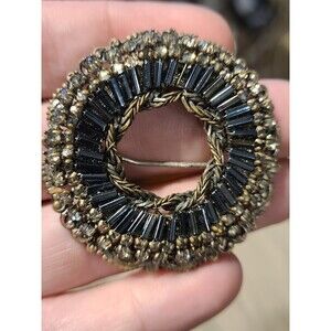 Vintage Signed Miriam Haskell Brooch Dark Grey Bugle Beads Clear Paste
